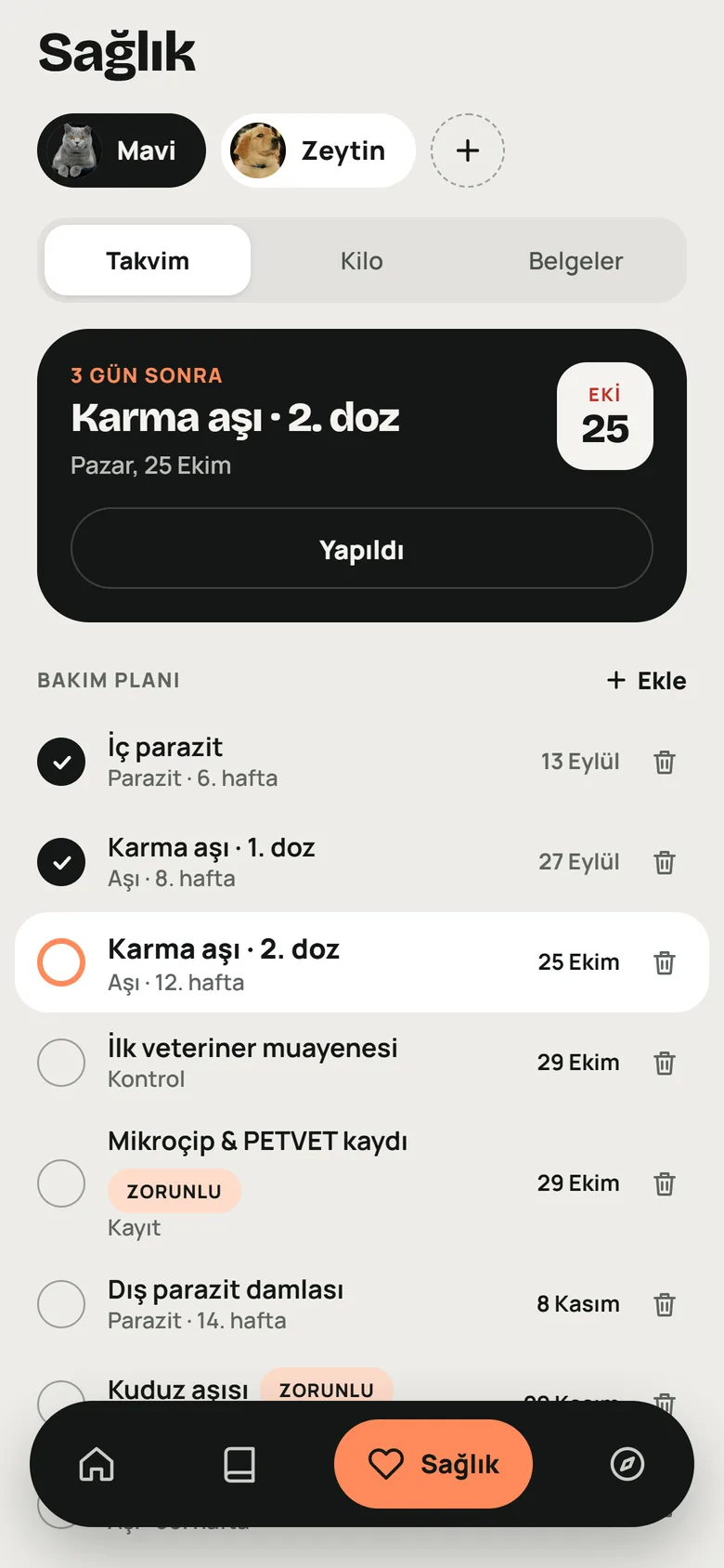 Sağlık takvimi ekranı