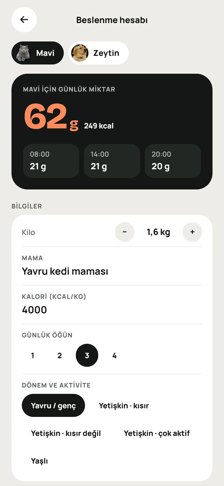 Beslenme hesabı ekranı